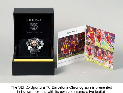 The seiko sportura fc barcelona chronograph is presented in its own box and with its own commemorative leaflet.